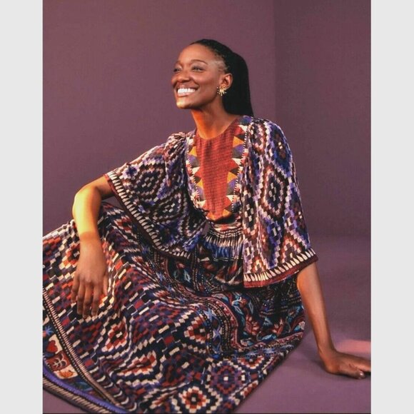 FARM Rio Maxi Dress M Blue Ainika Tapestry Tribal Aztec High Neck Party Resort - Picture 2 of 13